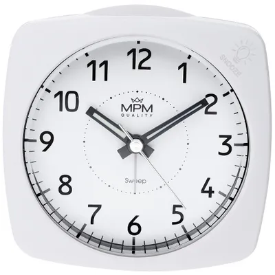 Obrázek produktu pro MPM-Quality – Analogový budík hranatý, bílá/bílá, 8,6×8,6×4,3 cm