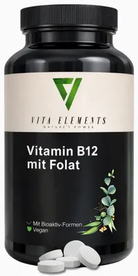 Produktbild von Vita Elements Vitamin B12 Folsäure 180 Tabletten Folat Methylcobalamin Nahrungsergänzungsmittel