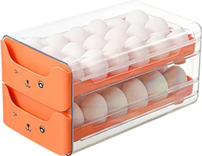 Zdjęcie produktu dla Dwuwarstwowy pojemnik na jajka, przezroczysty, z wydłużonymi, niezależnymi przegródkami, do lodówki, pomarańczowy