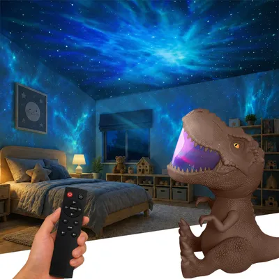 Image de Projecteur de ciel étoilé LED, projecteur de dinosaures, 8 couleurs, veilleuse galaxie, rotation à 360°, avec télécommande et minuterie, couleur marron