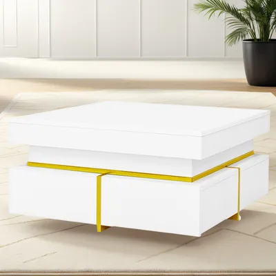 Image de (Blanc)Table basse avec tiroirs et accents dorés - Table d'appoint moderne pour salon avec espace de rangement