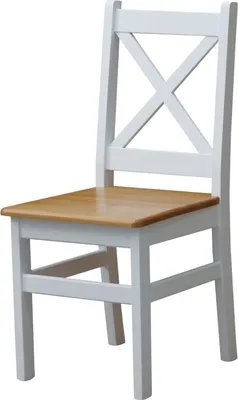A white wooden chair with a light brown wooden seat, shown against a white background.
