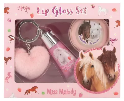 Produktbild von Depesche 12941 Miss Melody - Lipgloss Set im Pferde Design für Kinder, 2 Glosse mit fruchtigen Düften, inkl. Plüsch Anhänger, Pink