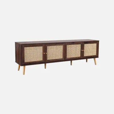 Produktbild von sweeek - TV-Möbel 4 Türen 180cm Holzdekor und Rattan - Nussbaumfarben