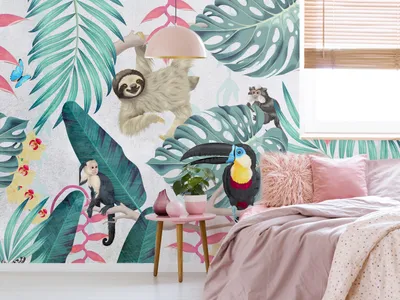 Produktbild von Vlies Fototapete Dschungel Tiere 400x280 cm Tapeten Wandtapete XXL tropische Blätter Blumen b-C-10346-a-c