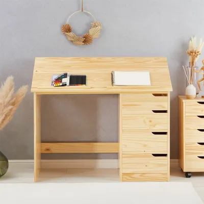 Produktbild von Kinderschreibtisch EMMA aus Kiefer Massivholz, natur - Schreibtisch mit neigungsverstellbarer Tischplatte, schöner Jugendschreibtisch mit 4 Schubladen