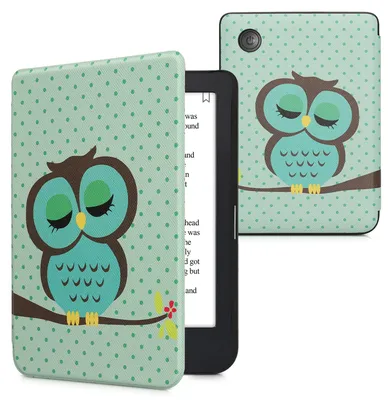 Produktbild von kwmobile Schutzhülle für Kobo Clara 2E / Tolino Shine 4 Hülle - eReader Flip Case mit Auto Sleep Funktion - Eule Schlaf mit Türkis Braun Mintgrün