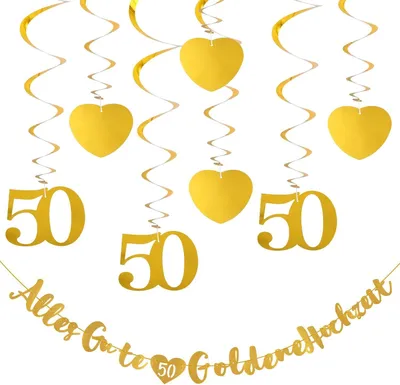 Imagen del producto de Guirnaldas doradas para bodas, 50 cumpleaños, 6 guirnaldas con forma de corazón, 6 espirales con el número 50, decoración para celebraciones