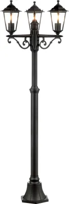 A black outdoor lamp post with three lights.