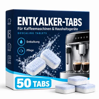 Produktbild von 3-in-1 Entkalker für Kaffeevollautomaten & Kaffeemaschinen (50 Stück) - Entkalkungstabletten für Siemens EQ-Serie, Delonghi, Jura, Krups, Bosch, Miele