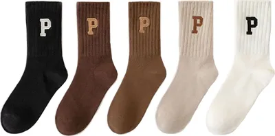 Five pairs of socks with the letter 'P' on them, arranged in a row.
