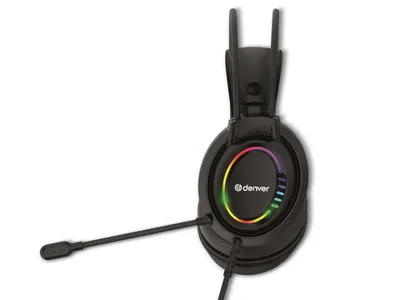A black gaming headset with RGB lighting is shown against a white background.