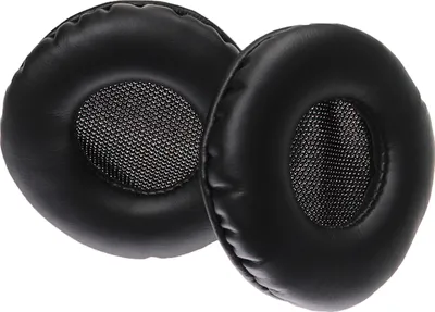 Two black headphone ear pads are shown against a white background.