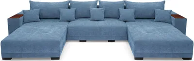 Produktbild von Allen U Ecksofa 360 x 185 cm, Sofa mit Schlaffunktion, Holzablage und Kissen, Ecksofa mit Bettkasten, U-Form für Wohnzimmer in Blau