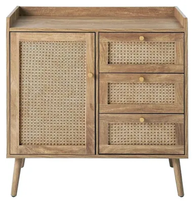 Image de CALICOSY - Commode 1 porte 3 tiroirs avec façades en rotin et pieds en bois L80 cm - PALMO