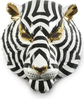 Produktbild von Casa Padrino Luxus Porzellan Deko Maske Tiger Schwarz / Weiß / Gold 30 x 23 x H. 38 cm - Moderne handgefertigte Wanddeko - Erstklassische Qualität -  Spain