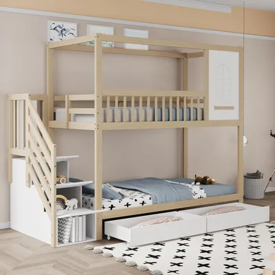 A bunk bed with stairs and storage drawers in a child's bedroom.
