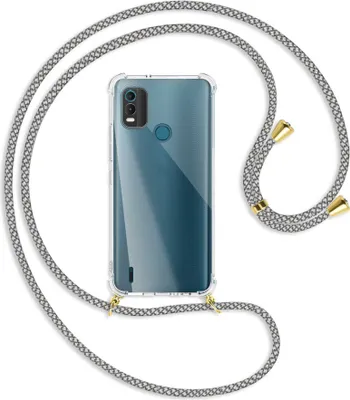 Produktbild von Handykette Backcover-Schutzhülle mit Band (Metall goldfarben) für Nokia C21 Plus (6.52'') - weiß/grau kariert
