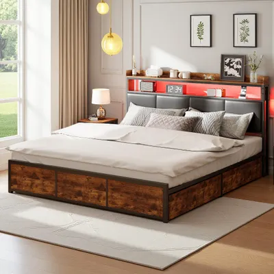 Produktbild von INONEFT Metallbett 180x200 cm mit LED Beleuchtung, Doppelbett mit 4 Schubladen,  Bettgestell mit Kopfteil und Lattenrost, Ohne Matratze, PolyurethanSchwarz