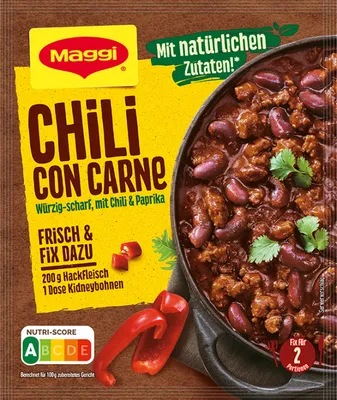 A close-up of a Maggi Fix for Chili con Carne seasoning packet, showing the product packaging and a prepared dish of chili con carne.