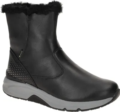 A black winter boot with a gray sole is shown against a white background.