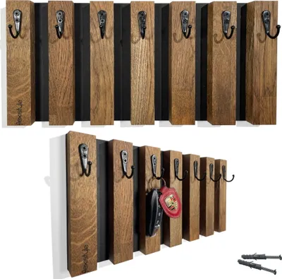 Produktbild von Lamellen Schlüsselbrett Garderobenleiste Holz MDF, Hakenleiste, Kleiderhaken, Wandhaken, Edelstahl, Wandgarderobe, Garderobenpaneel, für Flur, Kinderzimmer, Schlafzimmer