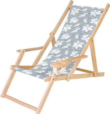 Holz Liegestuhl Klappbar Klappliegestuhl mit Armlehne und Getränkehalter Strandstuhl Motiv Blau-Weiß Lilien [119]
