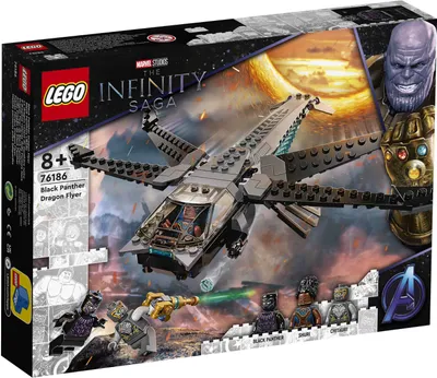 The image shows the packaging of a LEGO set featuring the Black Panther's Dragon Flyer.