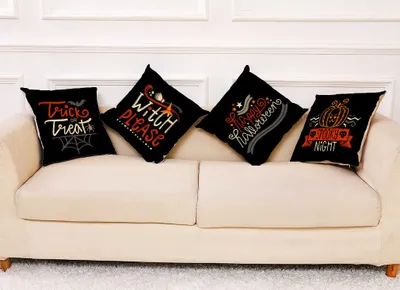 Produktbild von Halloween-Sofadekorationen, Halloween-Leinenbuchstaben, Halloween-Druckmuster-Dekorationen, Sofa-Kissenbezüge (45 x 45 cm), 4 Stück