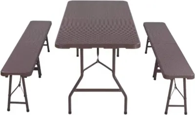 Image de Table pliante Tavien – Table de jardin de 180 cm avec 2 bancs pliants – Plastique HDPE et acier – Imperméable et robuste – Pour le camping, les pique-niques et les activités en plein air – Marron