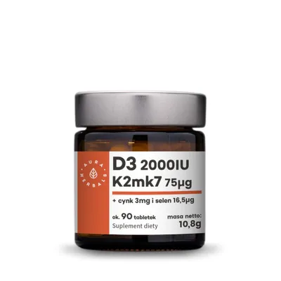 Zdjęcie produktu dla Aura Herbals witamina d3 (2000iu) + k2mk7 + cynk + selen 90 tabletek BI2971