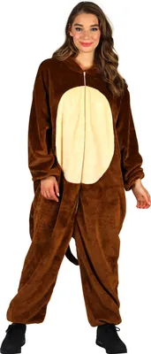 A woman is standing and posing in a brown monkey costume.