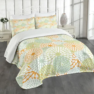Produktbild von ABAKUHAUS Pastell Tagesdecke Set, Abstrakte Hydrangea-Blumen-Muster-Retro Art-Botanik-Verzierung, 264 x 220 cm, Mandelgrün Blassgrün