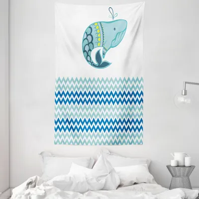 Produktbild von ABAKUHAUS Meer Wandteppich und Tagesdecke, Wal mit Zickzack-Muster aus Weiches Mikrofaser Stoff Waschbar ohne Verblassen Digitaldruck, 140 x 230 cm, Blau und weiß
