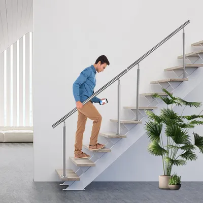 Produktbild von YZNAHRE Edelstahl Treppengeländer 180cm Handlauf Geländer Brüstung mit 2 Pfosten Bausatz Treppen für Innen und Außen, ohne Querstreben