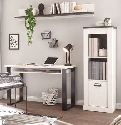 Produktbild von Büromöbel Set "Stove" 3-teilig weiß Pinie Schreibtisch Aktenregal und Wandregal