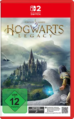 The image shows the Nintendo Switch game case for Hogwarts Legacy, featuring artwork of Hogwarts castle and a character riding a Hippogriff. A green USK rating badge is visible in the bottom left corner.