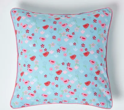 Produktbild von HOMESCAPES Baumwoll-Kissenbezug mit Blumen- und Vogel-Druck, 60 x 60 cm
