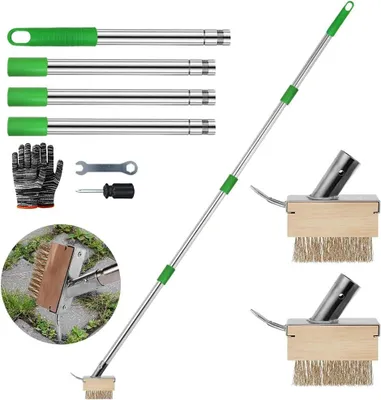 Produktbild von Unkrautbürste mit abnehmbarem Griff, 2 Stück Unkrautbürsten mit Haken, Metallbürste, zur Entfernung von Moos und Unkraut im Garten