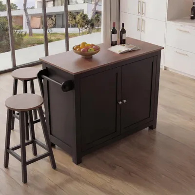 Immagine prodotto di Isola cucina HWC-P61 con 2 sgabelli, armadio da cucina con cassetti e vani portaoggetti MDF 90x120x45 cm ~ nero, legno scuro