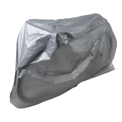 A silver-colored bicycle cover is shown against a white background.