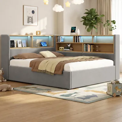 Obrázok produktu pre MODFU Daybett, čalúnená posteľ 140x190, zamat, rozkladacia pohovka s hydraulickým úložným priestorom, dennaya posteľ s LED a USB/Type-C portami, bez matraca, sivá, Obrázok generovaný UI