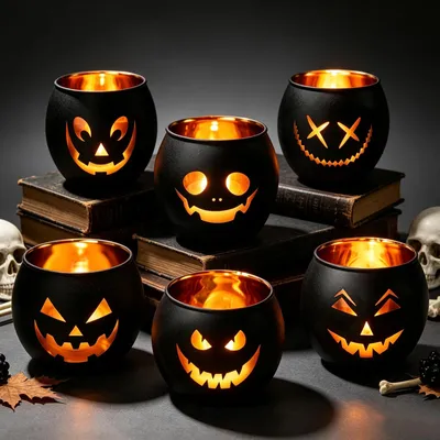 Produktbild von Halloween Glaslaternen Set, 6-teilig, Theelichthalter mit Kürbismotiv, für Innen