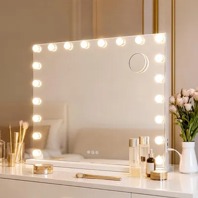 Produktbild von SONGMICS Kosmetikspiegel mit Beleuchtung, 15 LEDs, Dimmbar, 3 Lichtfarben, 62 x 90 x 5,7 cm, Weiß