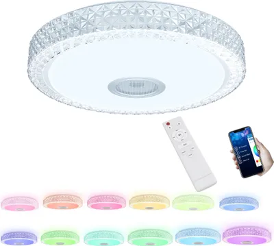 A ceiling light with a remote control and a smartphone displaying app controls.