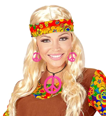 Produktbild von Hippie Accessoire pink Peacezeichen Kette Halskette neon pink mit Ohrhänger