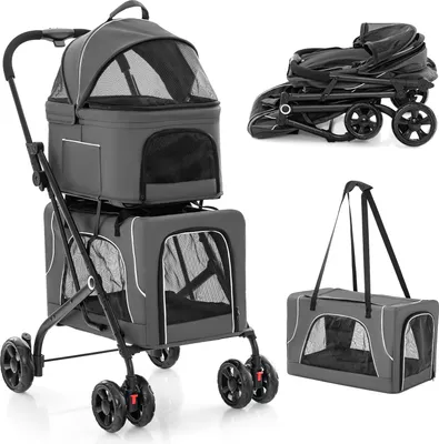 Immagine prodotto di COSTWAY 3 in 1 passeggino per cani pieghevole, passeggino per cani a 2 piani con finestre a rete, tasche e imbottiture, fino a 16 kg, borsa per il trasporto della cassa del cane grigio