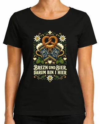 Productafbeelding van Bier en pretzels, daarom ben ik hier. Traditioneel shirt, lederhosen, dirndl, dames T-shirt, zwart, maat M