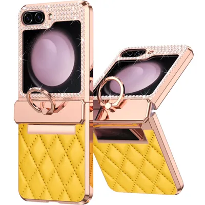 Immagine prodotto di Custodia in pelle per Samsung Galaxy Z Flip 5 con supporto ad anello, custodia protettiva lucida con protezione della cerniera Giallo