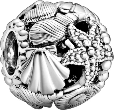 A close-up, studio shot of a silver charm with intricate details of seashells and starfish.
